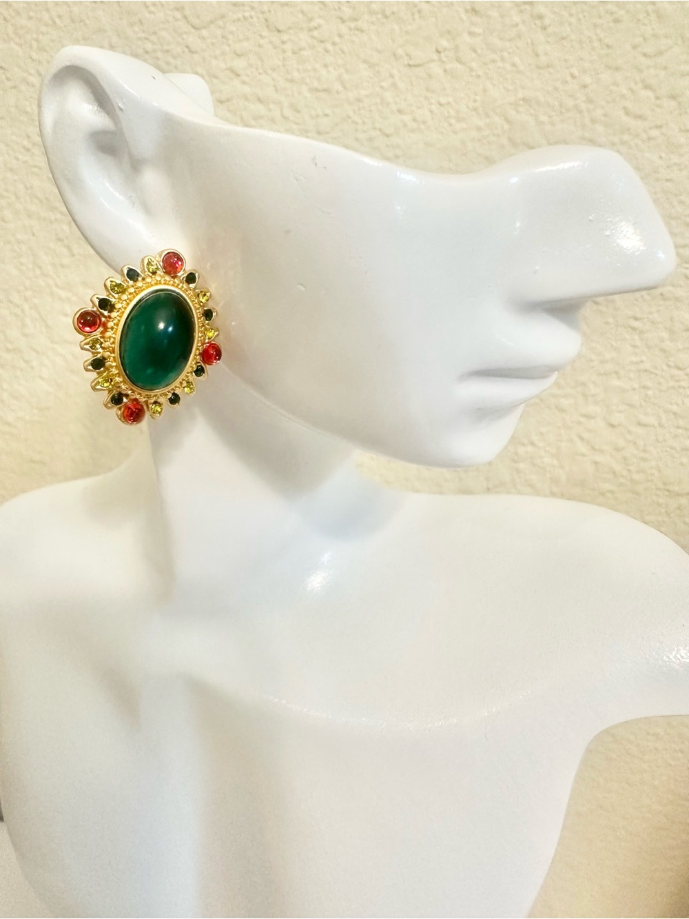 18k Gold-Plated Green Gemstone Earrings with Red Accents